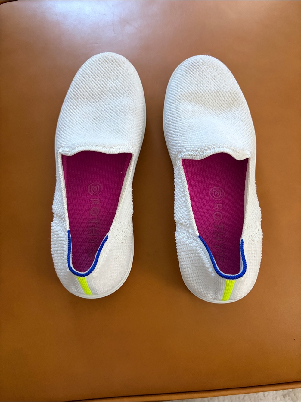 Rothy's White Slip-On Flats with Hot Pink Insole and Blue Trim